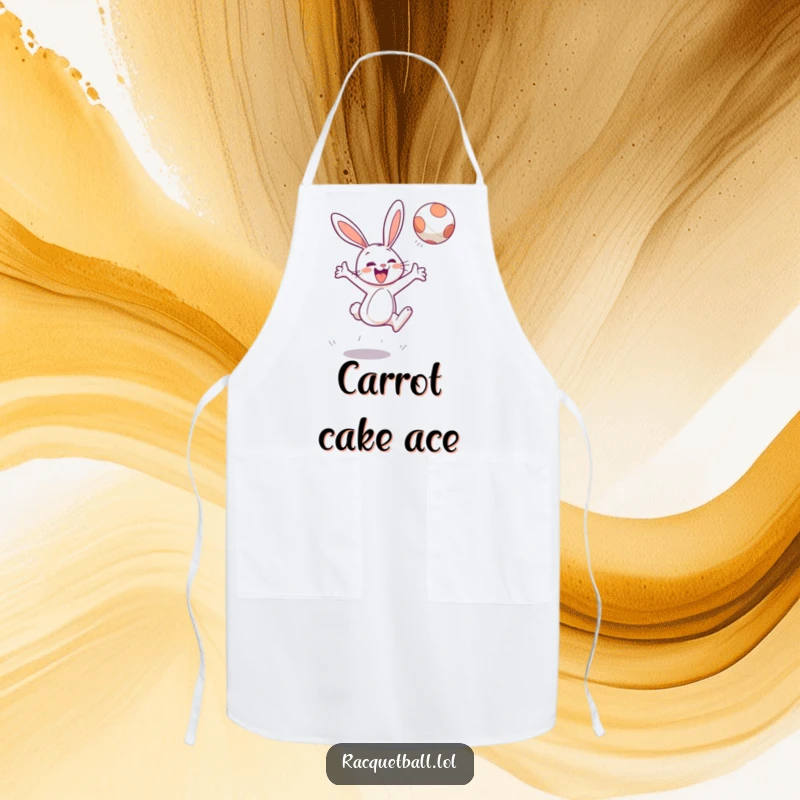 Funny apron depicting a cheerful bunny character leaping high to hit a floating ball, kitchen protection.