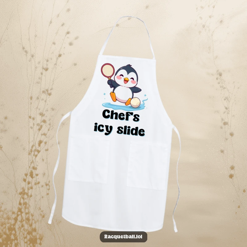 Funny apron depicting a happy penguin comically sliding into a tennis ball, ideal for kitchen adventures.