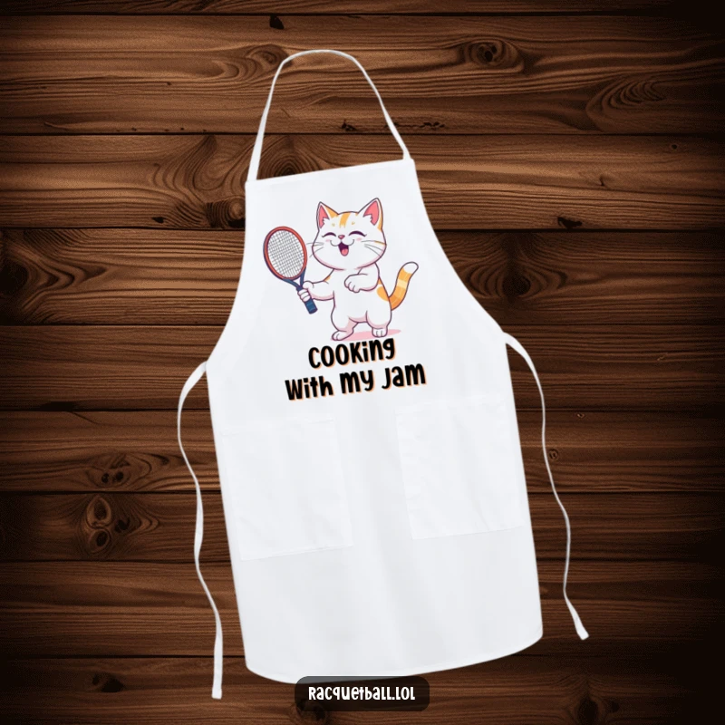 Funny cat apron showing a focused and gleeful cat energetically shaking a racquetball racquet, ready to serve up a winning meal.
