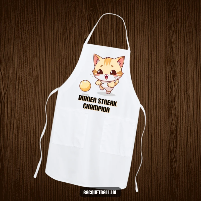 Funny apron depicting a giggling cat character intensely focused on chasing a bouncing ball, kitchen protection.