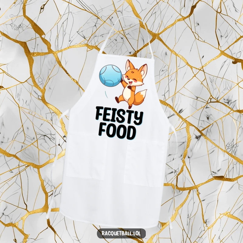 Funny fox leaping to hit a blue ball on an apron. A dramatic funny gift for chefs.