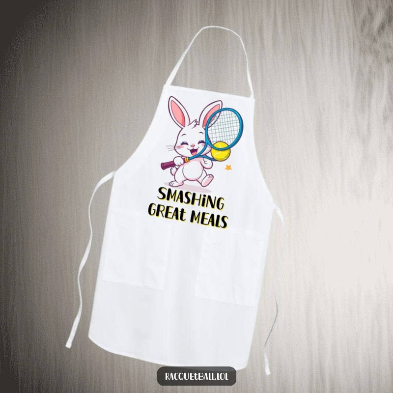 Funny apron depicting a cheerful bunny smashing a colorful racquetball with extreme enthusiasm.