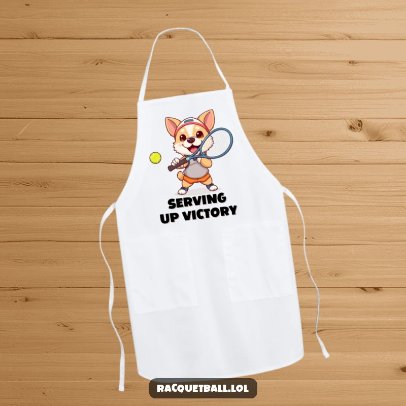 Funny dog tennis apron featuring a determined dog in athletic wear smashing a tennis ball with a racquet.