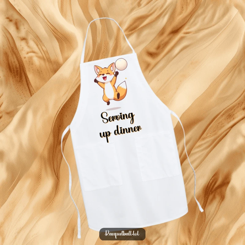 Funny fox apron with a delighted fox jumping high to strike a floating ball, bringing playful energy to the kitchen.