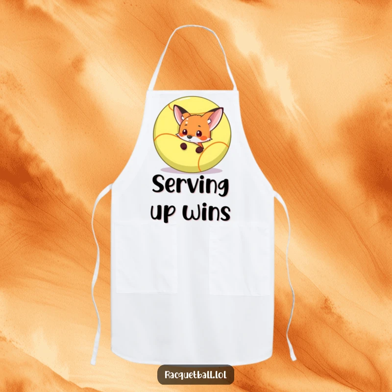 Funny fox ready to pounce from behind a giant racquetball, depicted on a funny kitchen apron for chefs.