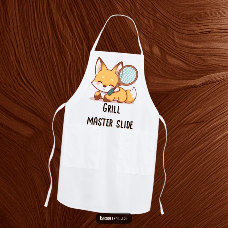 Funny Fox Slide Apron showcasing a smiling fox sliding on its belly with a racquet aimed forward, perfect for adventurous cooks.