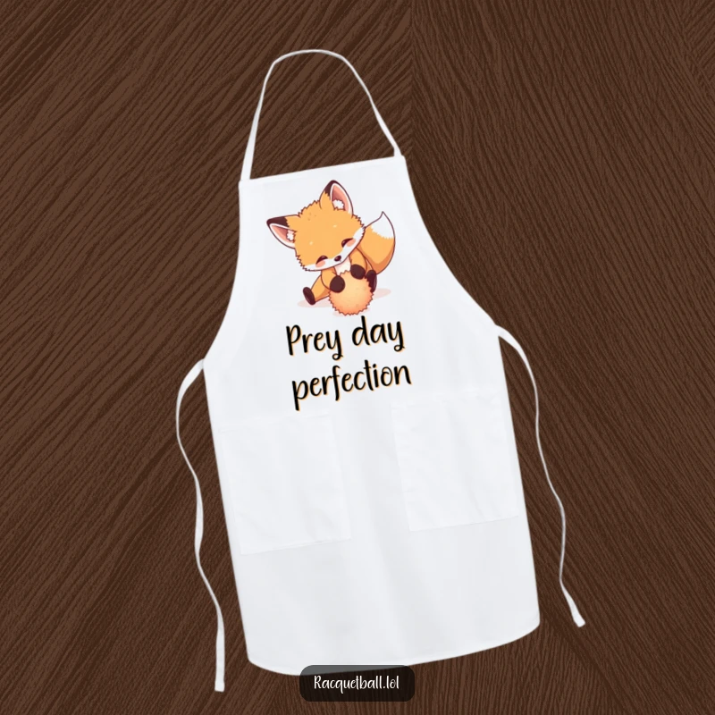 Funny apron depicting a playful fox cub sliding dramatically to return a tiny, fuzzy ball, kitchen protection.