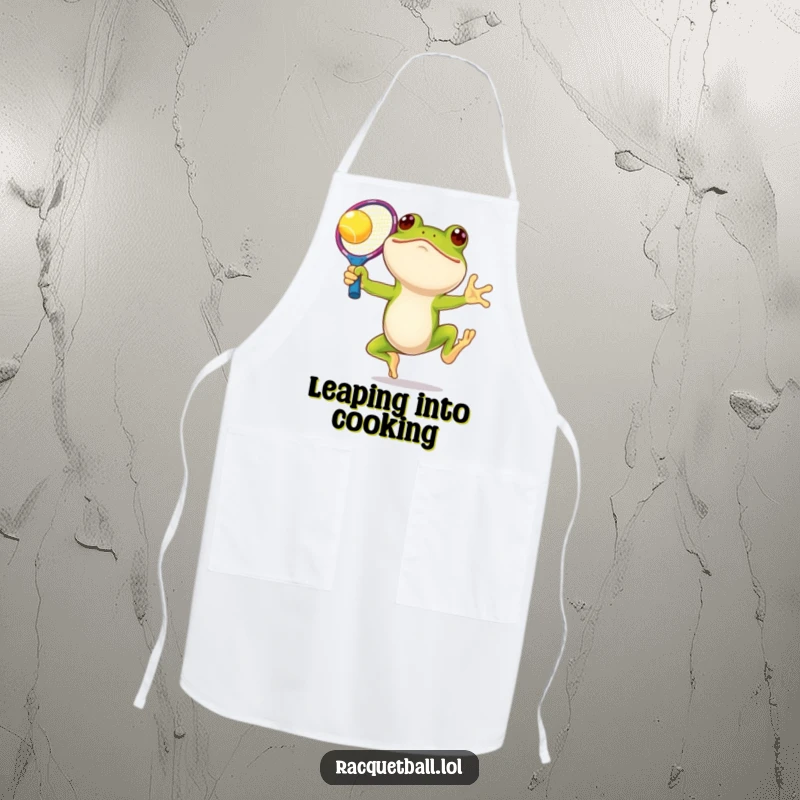 Funny frog tennis apron, a smiling amphibian leaping with an oversized, colorful racquet, perfect for kitchen fun and adding a humorous touch.