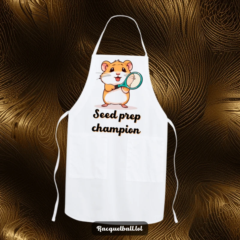 Funny apron depicting a determined hamster character swinging a miniature plastic tennis racquet, kitchen protection.