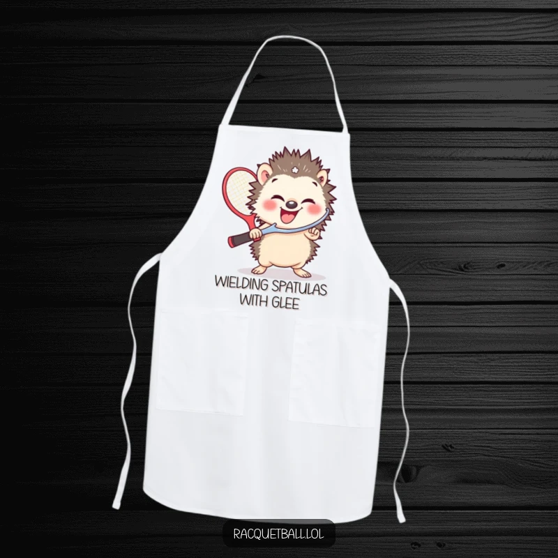 Funny apron with a small hedgehog giggling and wielding a comically large racquetball paddle, ideal for kitchen fun.