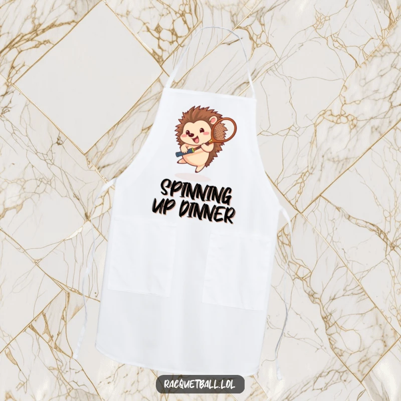 Funny hedgehog tennis apron, a happy athlete spinning with a racquet, perfect for kitchen fun and lively cooking sessions.