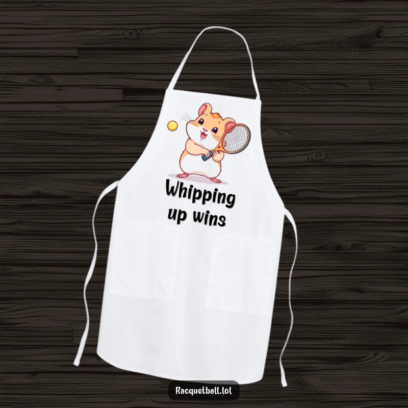 Funny kitchen apron, a cute kawaii hamster enthusiastically playing racquetball, for humorous culinary adventures.
