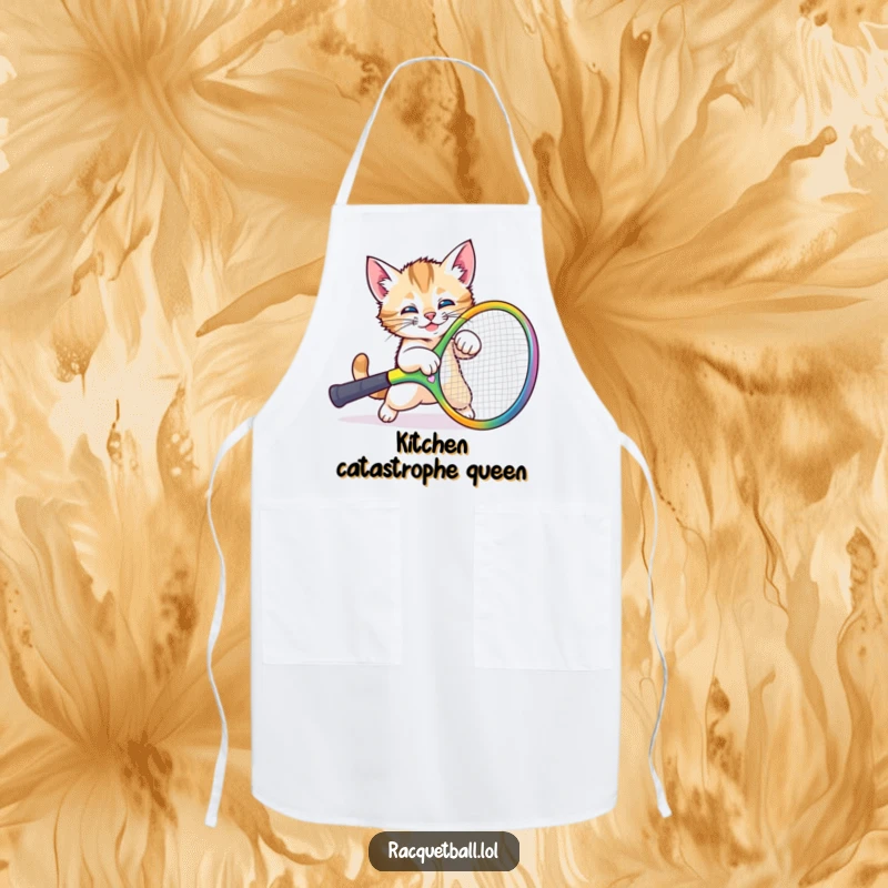 Funny kitten kitchen apron featuring a playful cat comically tripping over a giant tennis racquet, perfect for humorous cooking sessions.