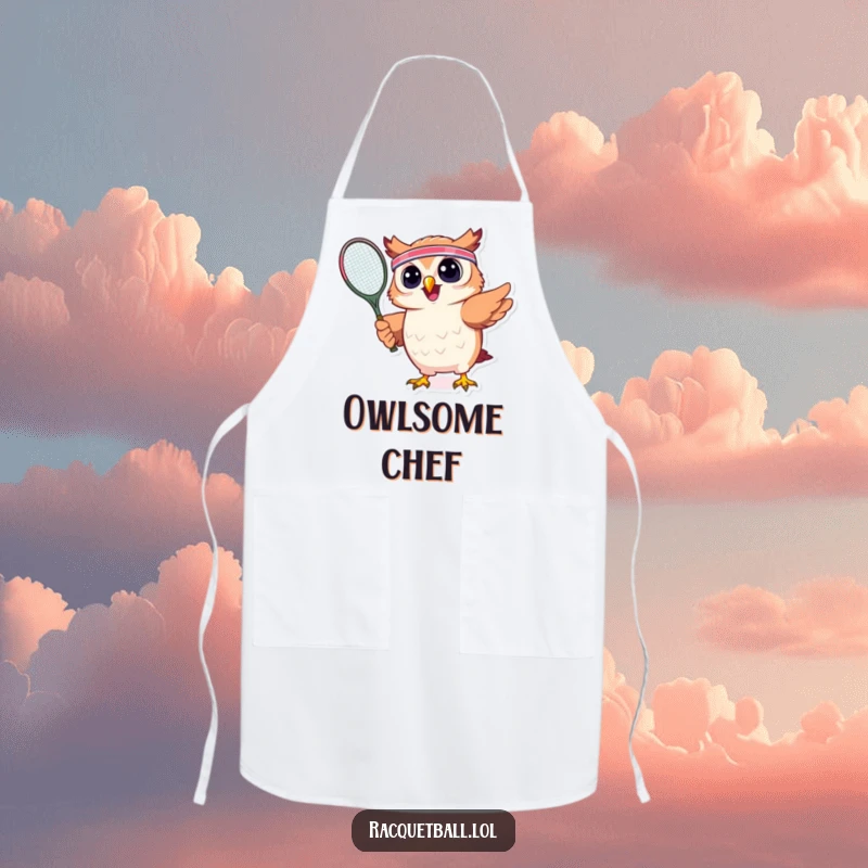Funny apron depicting a cheerful owl wearing a headband and swinging a tennis racquet, perfect for kitchen duties with a humorous sporting theme.