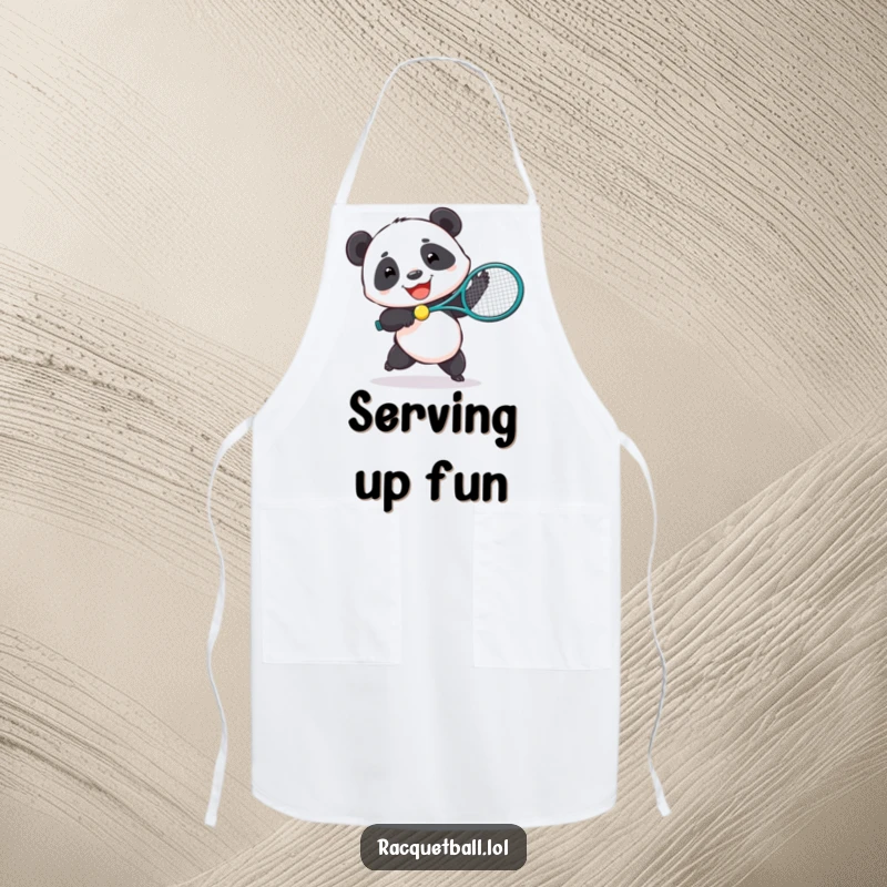 Funny apron featuring a joyful panda playing tennis with a comically oversized racquet, ideal for kitchen fun.