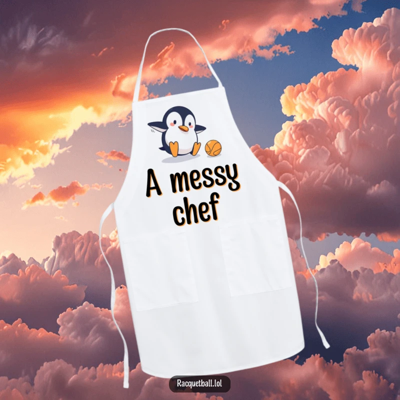 Funny apron depicting a clumsy penguin sliding on a tennis court, narrowly missing the ball, combining kitchen wear with humorous sports mishap.
