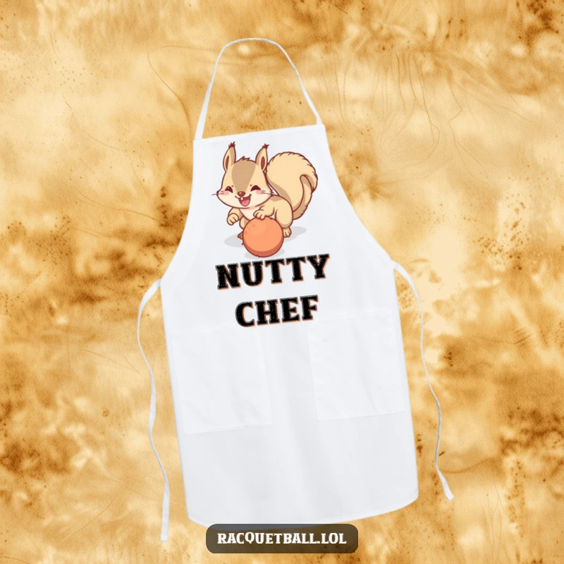 Funny apron showing a happy squirrel in a determined dive for a fuzzy ball, ideal for adding humorous flair to cooking.