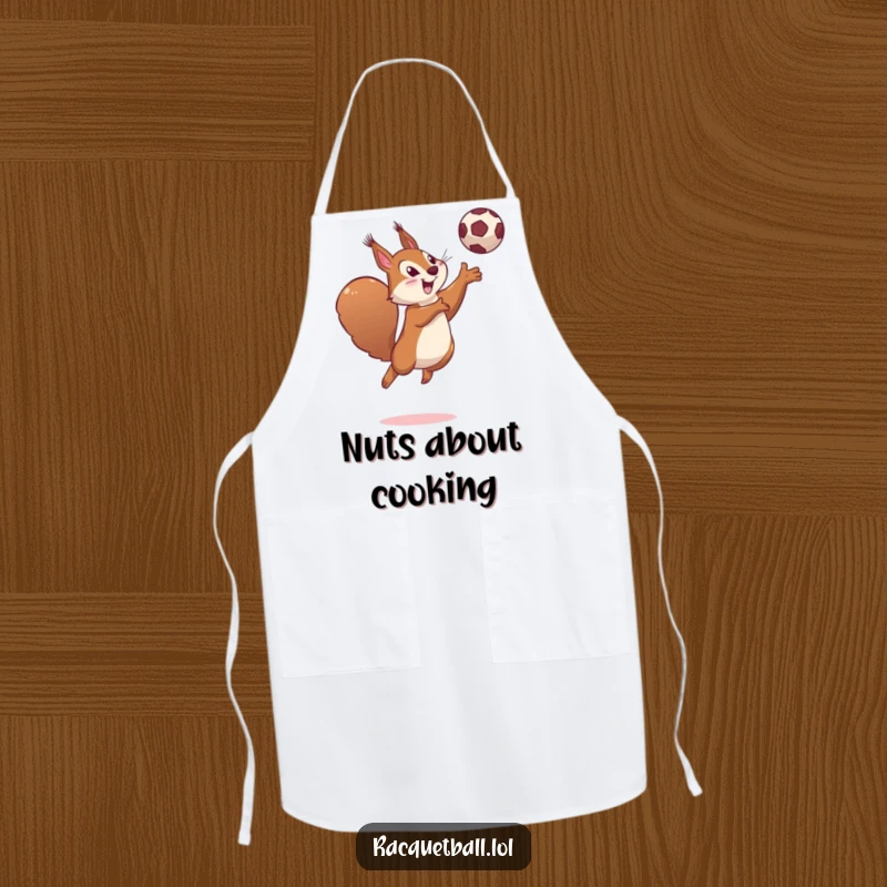 Funny apron depicting a determined squirrel leaping high, hitting a ball with a playful smile.