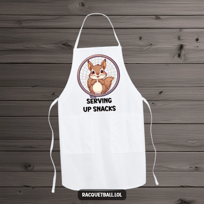 Funny squirrel apron showing a playful squirrel peeking through a large racquet frame, designed for humorous mealtime rallies.