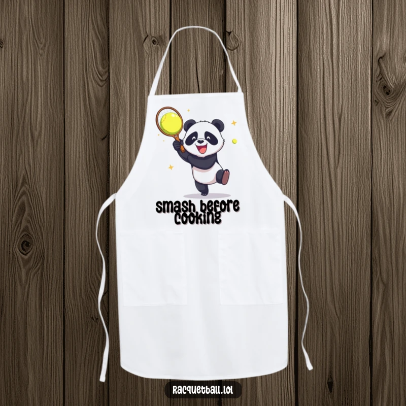 Funny Apron: A panda aggressively smashes a racquetball against a wall with gleeful abandon, a humorous addition to any kitchen.