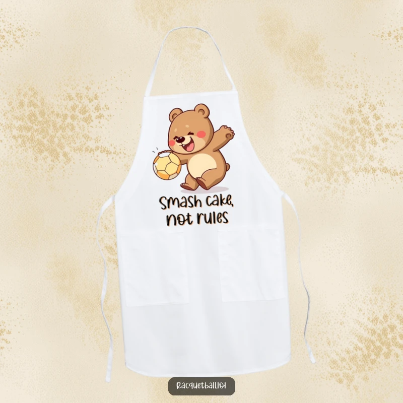 Funny apron featuring a cheerful bear lunging to smash a ball, perfect for kitchen protection with a side of energetic humor.