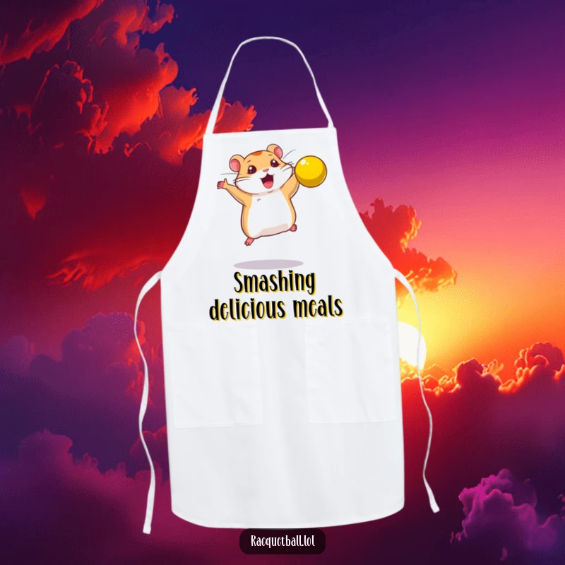 Funny apron featuring a determined hamster leaping to smash a bright yellow ball, ideal for kitchen action.