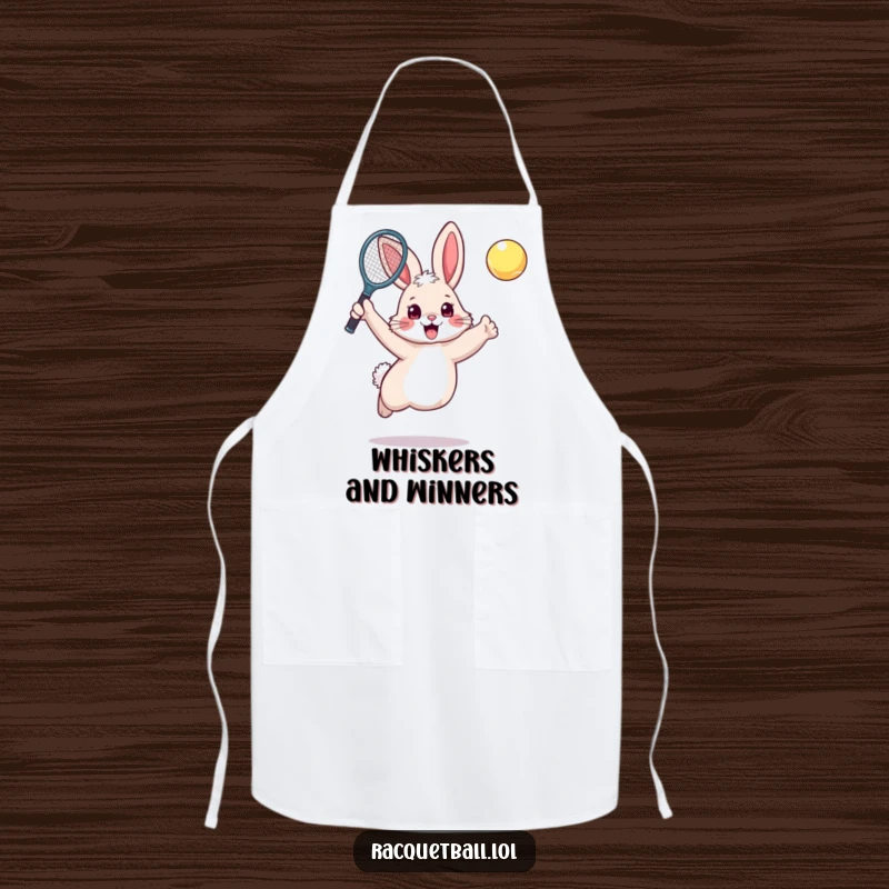 Funny rabbit tennis apron featuring an excited, fluffy bunny leaping with a raised tennis racquet.
