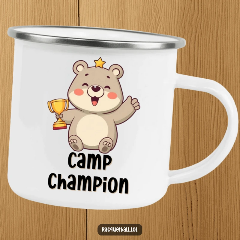 Funny camping mug showing a proud bear character holding a miniature trophy after scoring a point, perfect for enjoying beverages during outdoor adventures.