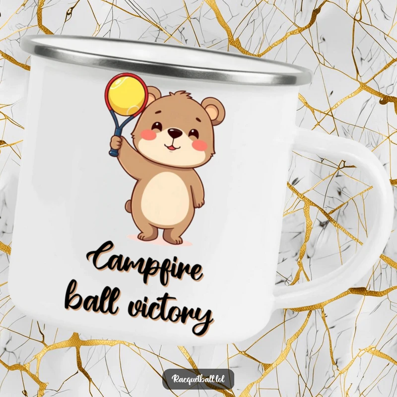Funny Camping Mug: Curious bear character triumphantly holding a tiny racquetball, adding sports humor to outdoor adventures.