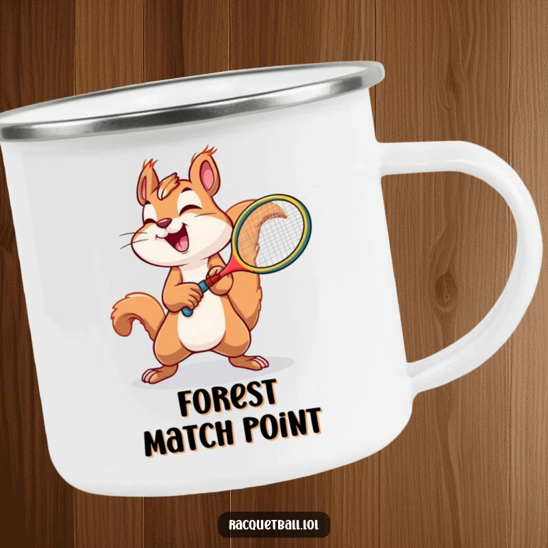 Funny squirrel tennis camping mug showing a joyful squirrel swinging a tiny racquet with immense effort.