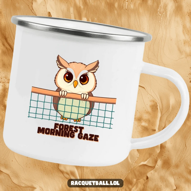 Funny Owl Camping Mug: A rugged mug with a curious owl peeking from behind a racquetball net, perfect for observing nature and sipping coffee.