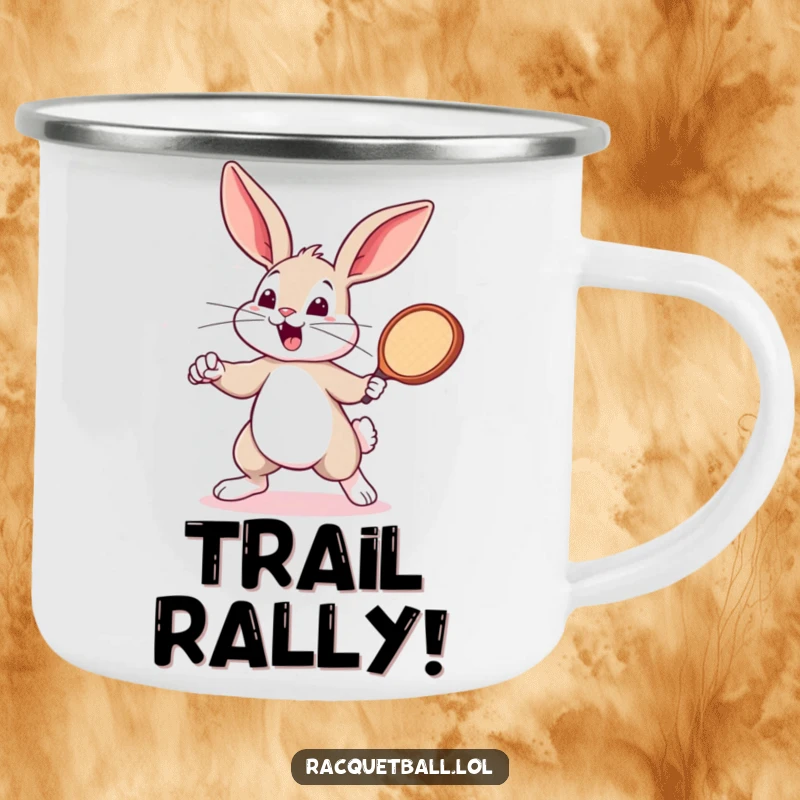 Funny bouncing bunny with a racquetball paddle on a camping mug. A sporty funny gift for adventurers.