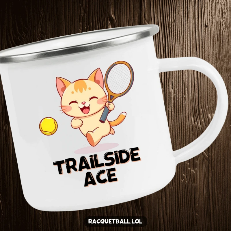 Funny Cat Tennis Camping Mug: a happy cat bounds after a ball with a racquet, perfect for outdoor athletes.