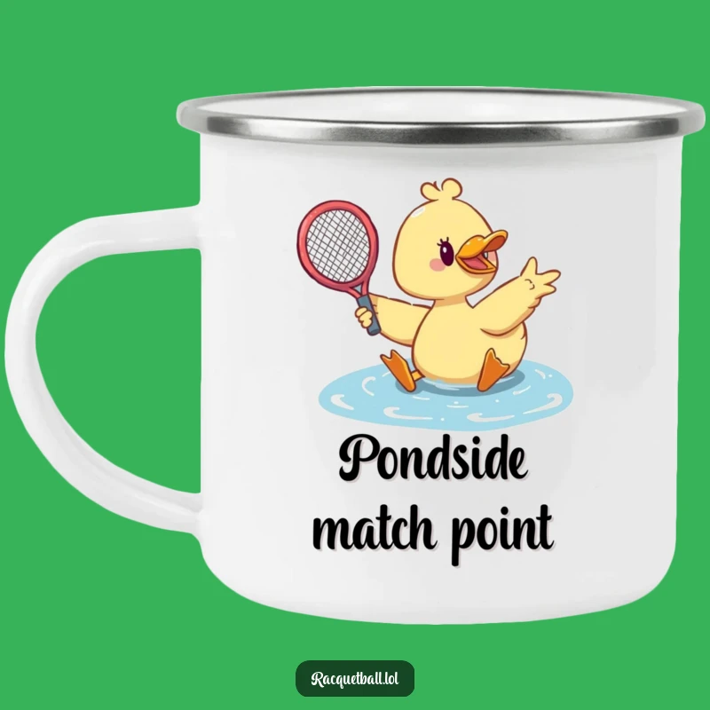 Funny Duck Tennis Camping Mug: Dramatic Duck Saves Ball, Outdoor Funny Gift