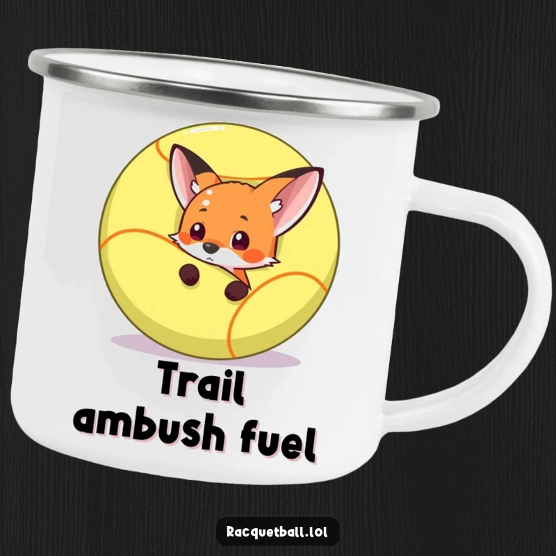 Funny fox peeking from behind a giant racquetball, ready for outdoor fun, on a sturdy funny camping mug.
