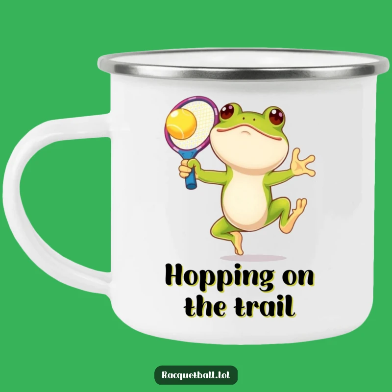 Funny Frog Tennis Camping Mug: Leaping Racquet Drinkware, Outdoor Humorous Gift