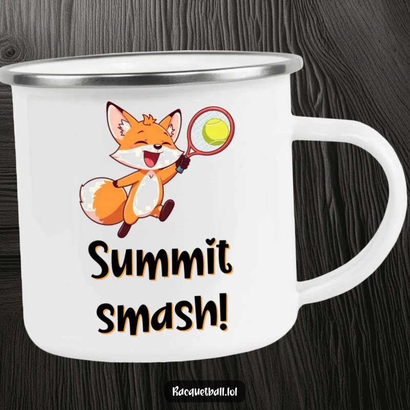 Funny camping mug, a joyful fox smashing a racquetball mid-air, for humorous outdoor refreshment.
