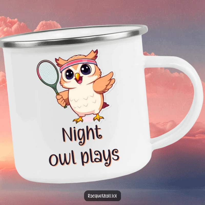 Funny camping mug featuring a cheerful owl wearing a headband and swinging a tennis racquet, perfect for enjoying beverages during outdoor activities.