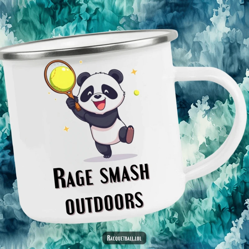 Funny Camping Mug: A panda aggressively smashes a racquetball against a wall with infectious glee, bringing wild energy to outdoor drinks.