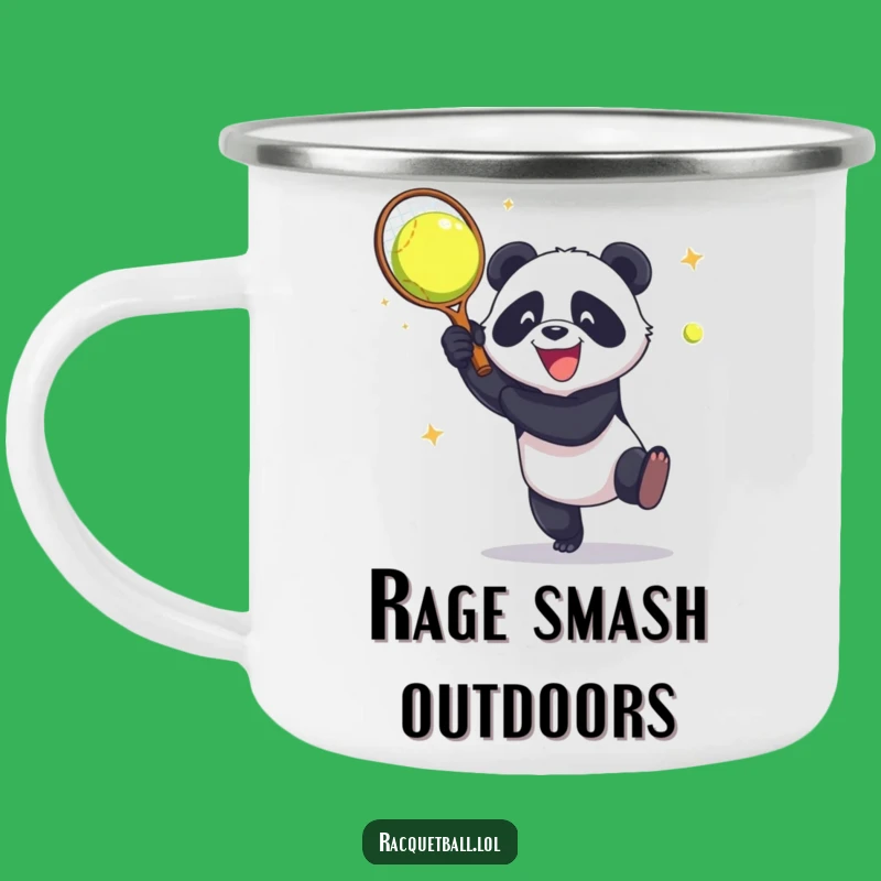 Funny Panda Racquetball Smash Camping Mug: Adventure with Aggressive Glee!