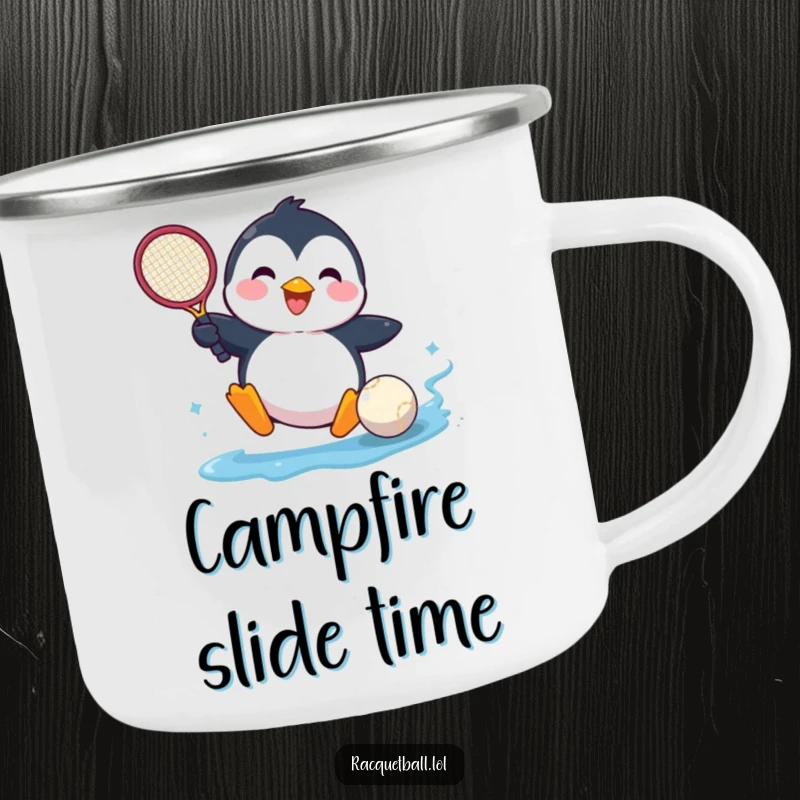 Funny camping mug featuring a happy penguin comically sliding into a tennis ball, perfect for nature lovers.