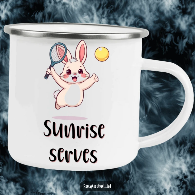 Funny rabbit tennis camping mug showing an excited, fluffy bunny leaping with a tennis racquet.
