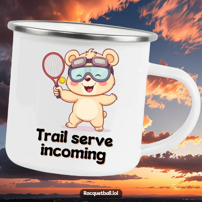 Funny camping mug featuring a giggling bear in oversized goggles humorously serving a racquetball, perfect for outdoor enthusiasts who love a laugh.