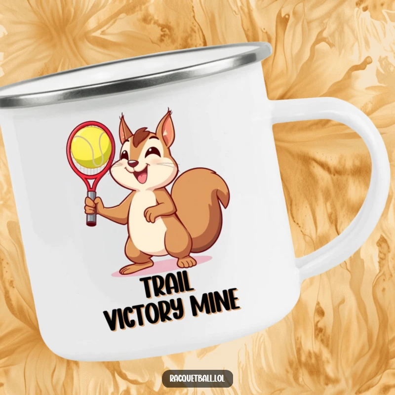 Funny camping mug with a squirrel in a victory pose holding a racquetball, a humorous and durable choice for outdoor celebrations.