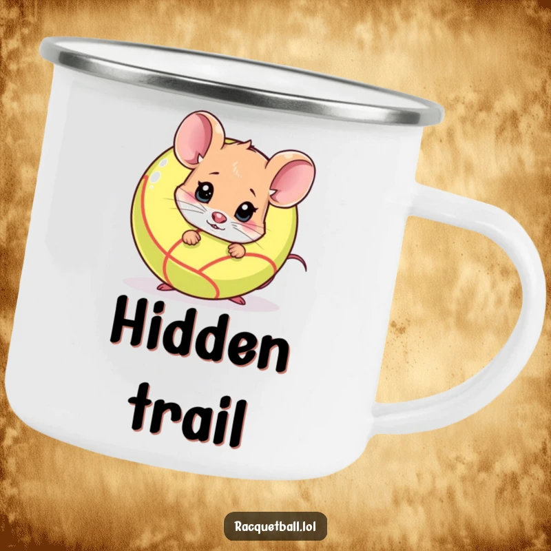 Funny shy mouse peeking nervously from behind a racquetball on a camping mug. A cute funny gift for adventurers.