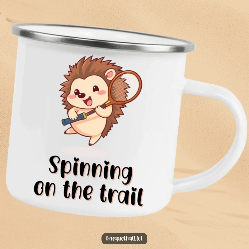 Funny hedgehog tennis camping mug, a happy athlete spinning with a racquet, ready for outdoor adventures and warm drinks.