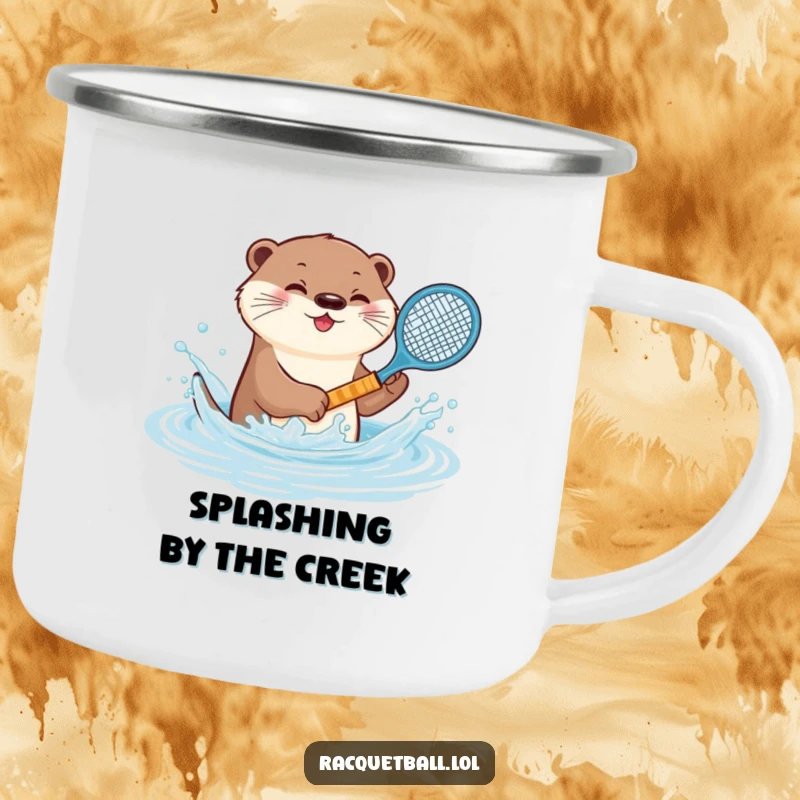 Funny otter tennis camping mug, a playful animal splashing water with a miniature racquet, ready for outdoor fun and refreshing drinks.
