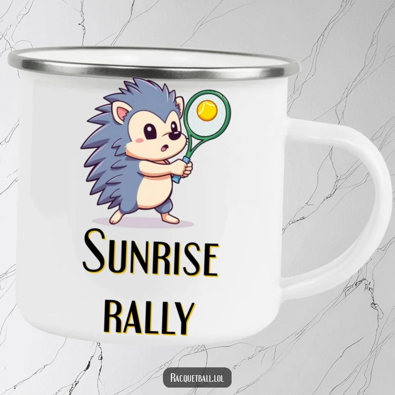 Determined hedgehog explorer swinging a tennis racquet to hit a ball upwards, printed on a durable camping mug.