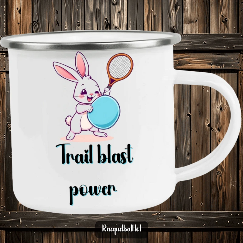 Funny Rabbit Camping Mug: A rugged enamel mug showcasing a rabbit in a chaotic racquetball swing, ideal for campfire laughs.