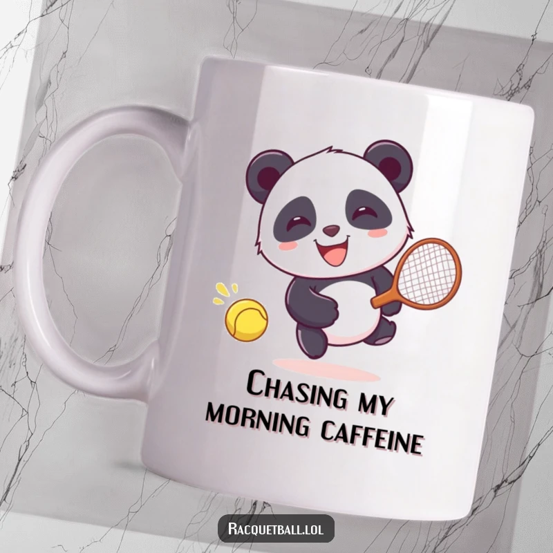 Funny Mug: Giggling panda character joyfully chasing a runaway racquetball, showcasing pure, unadulterated fun.